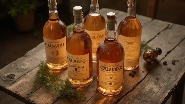 Assortiment de bouteilles de Calvados, un alcool français traditionnel à base de pommes