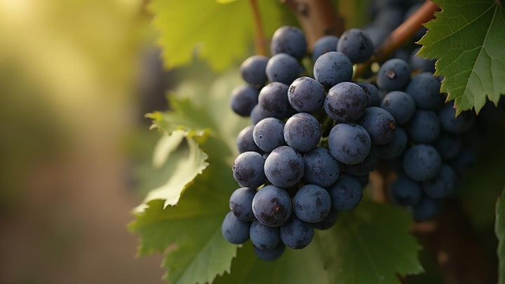 Grappes de raisins bleus mûrs sur une vigne avec des feuilles vertes