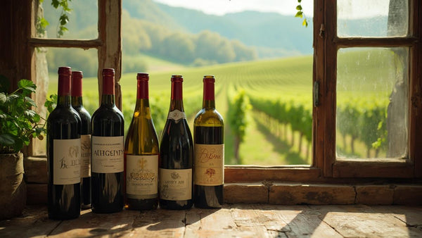 A window overlooking a green landscape, with bottles of wine on the ledge.