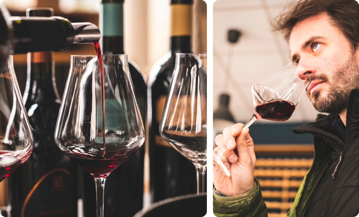 Smagning af rødvin i Le Baroudeur du Vins vinbutik i Lyon