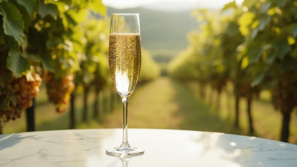 Een glas mousserende champagne op een marmeren tafel met een landschap van wijngaarden op de achtergrond.