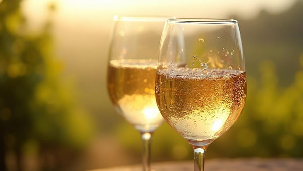 Twee champagneglazen gevuld met een goudkleurige, parelende vloeistof.