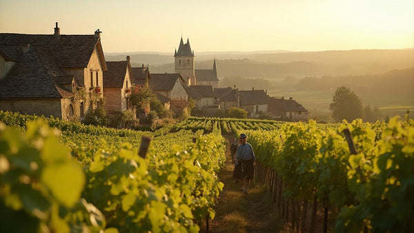 Vue panoramique d'un village rural français entouré de vignobles au crépuscule