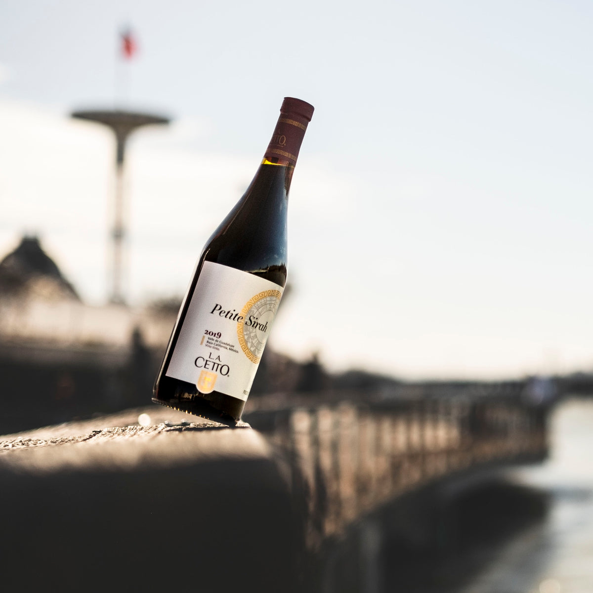 Petite Sirah 2019 de L.A. Cetto, vin rouge du Mexique, posée sur un parapet au bord de l'eau